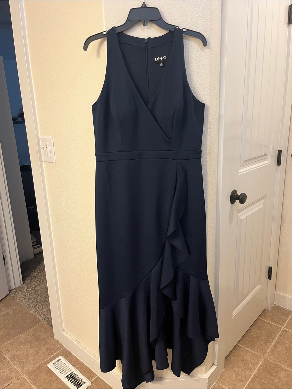 Navy Sleeveless Ruffle-Front Midi Dress